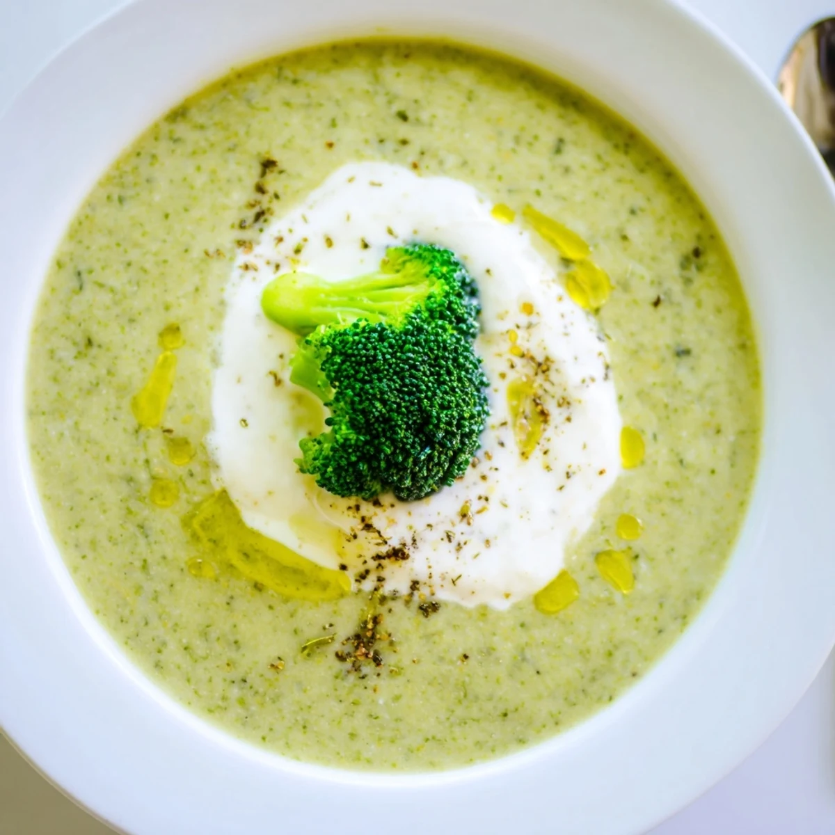 Creamy Broccoli Soup steaming in bowl, garnished with cream swirl and pepper
