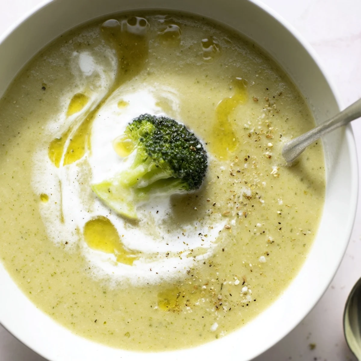 Homemade Broccoli Soup blended smooth after simmering, topped with toasted seeds