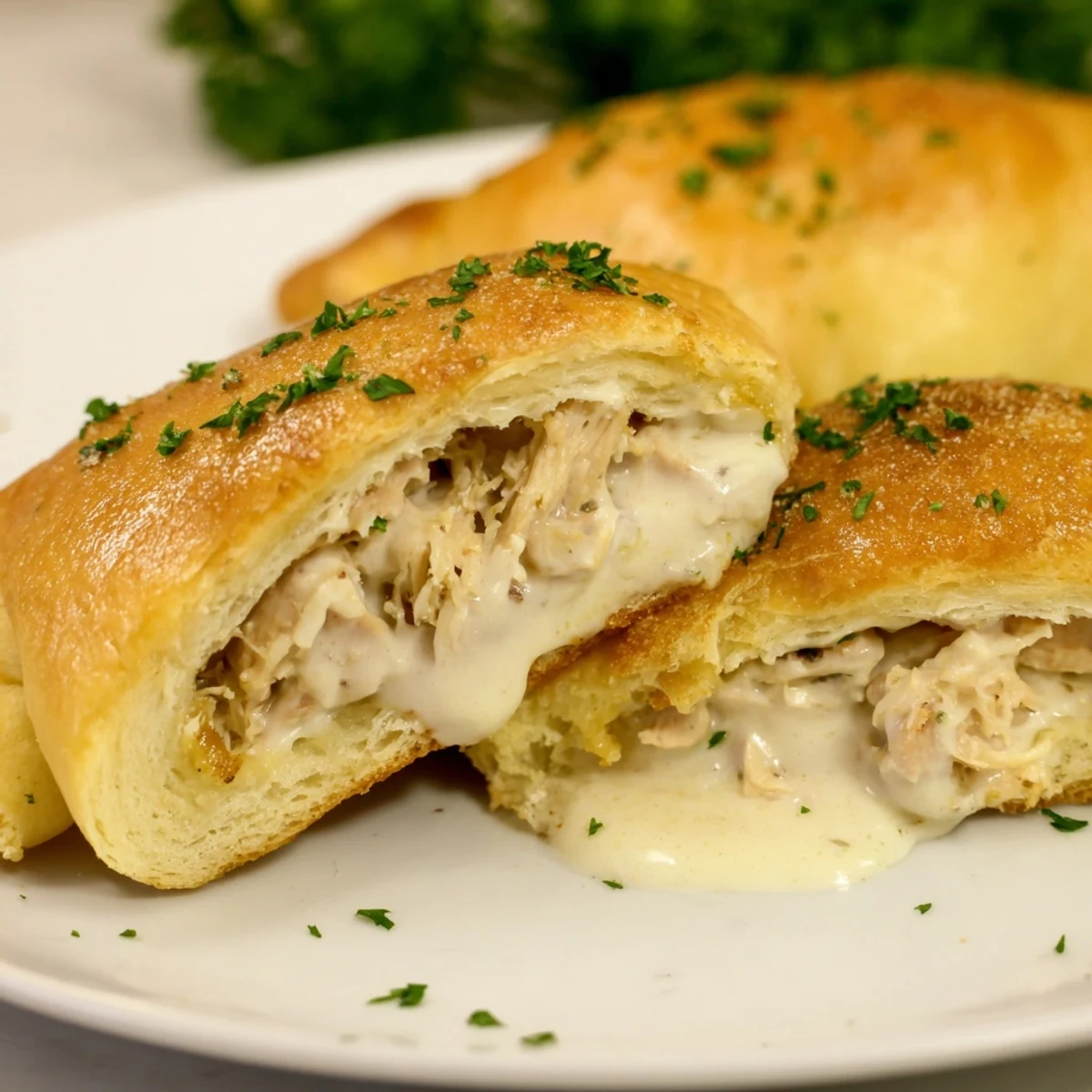 Golden baked chicken pillows wrapped in flaky crescent dough drizzled with rich parmesan sauce