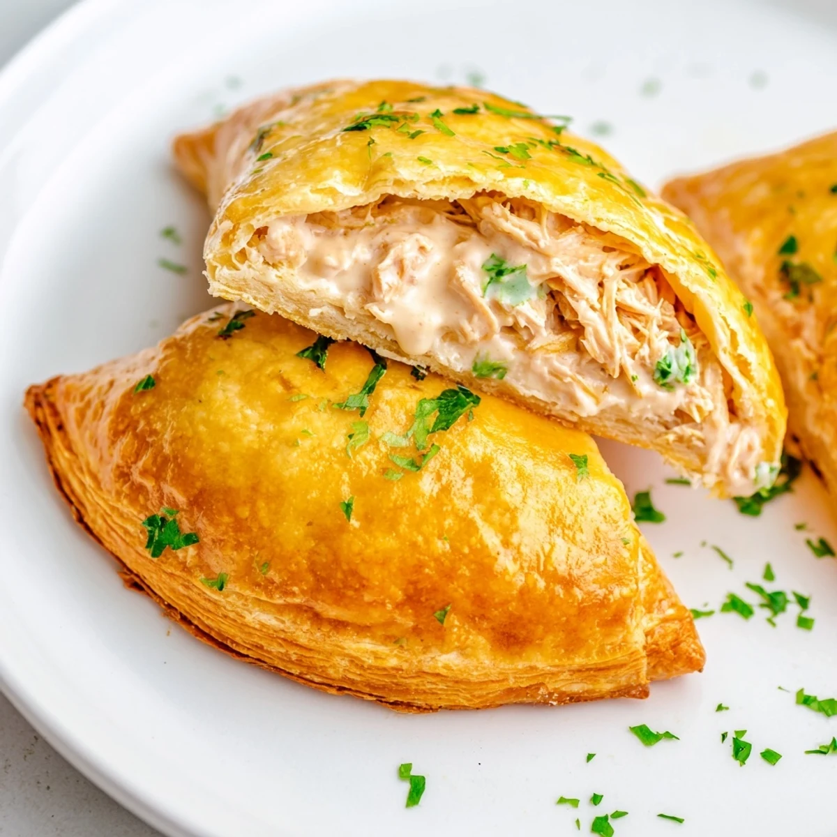 Tender chicken and cream cheese filling baked inside buttery golden pastry pillows with creamy sauce