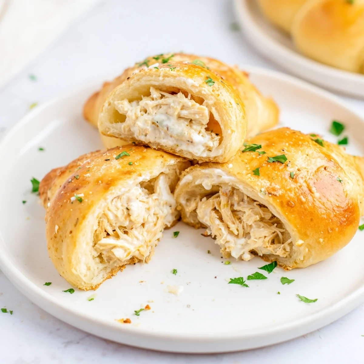 Comforting chicken pillows with creamy parmesan sauce served on a white plate garnished with fresh parsley