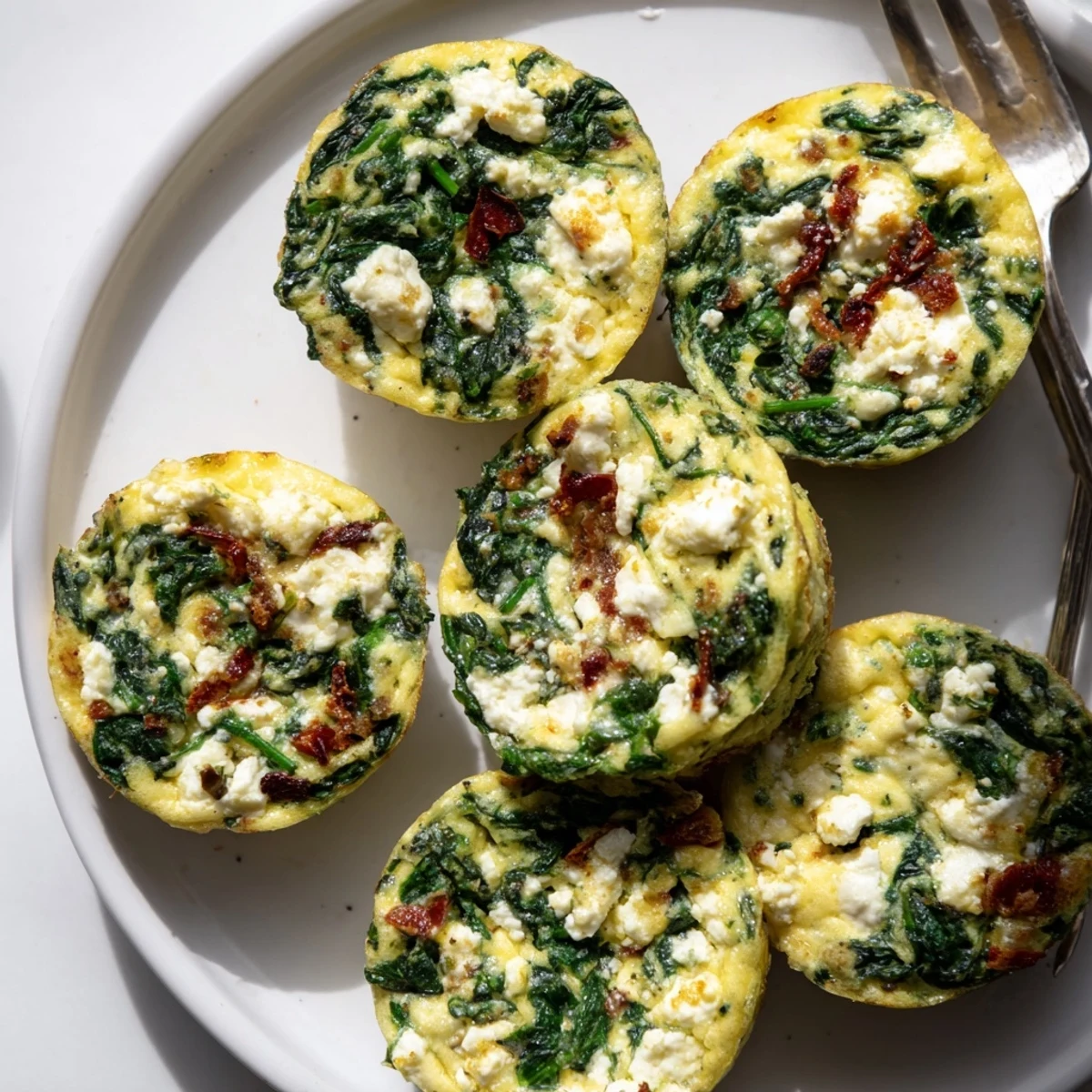 Savory breakfast egg muffins featuring sun dried tomatoes and fluffy spinach feta filling