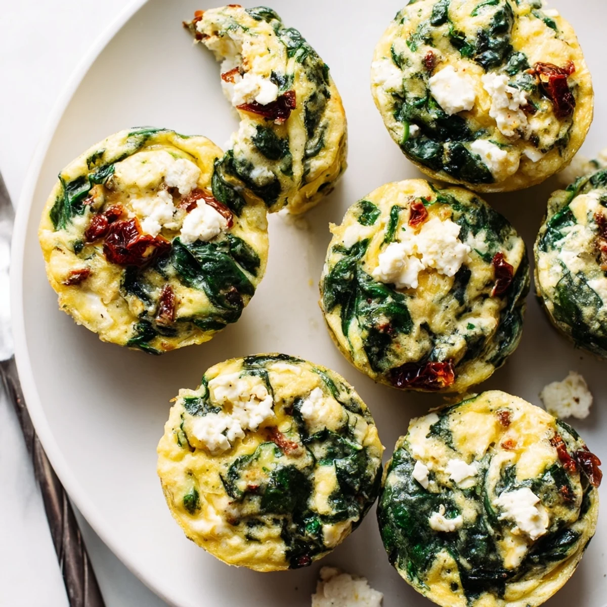 Baked Mediterranean egg muffin cups topped with crumbled feta and vibrant spinach