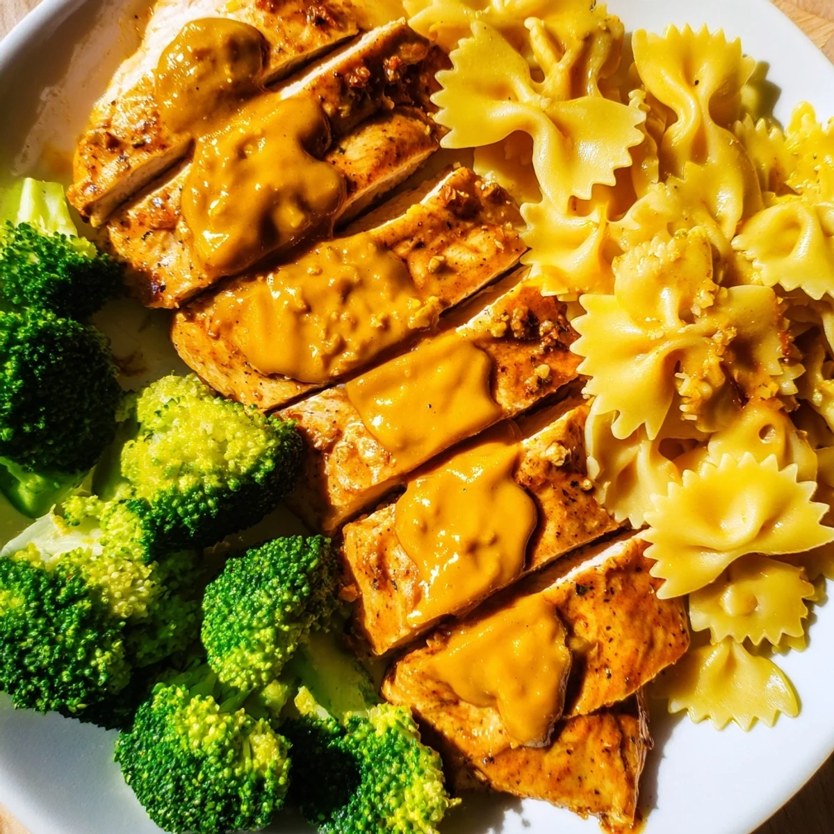 Golden sliced chicken breasts coated in melted zesty cowboy butter served over lemony bowtie pasta with fresh green broccoli florets