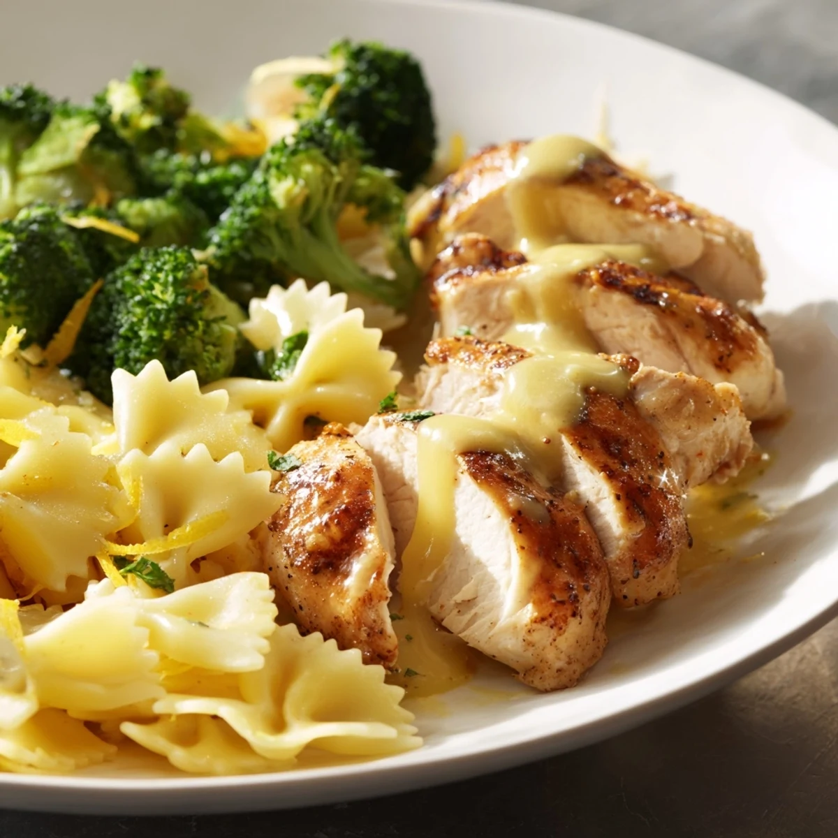 Savory cowboy butter chicken slices resting on a bed of tangy lemon pasta with steamed broccoli garnished with fresh parsley and lemon wedges