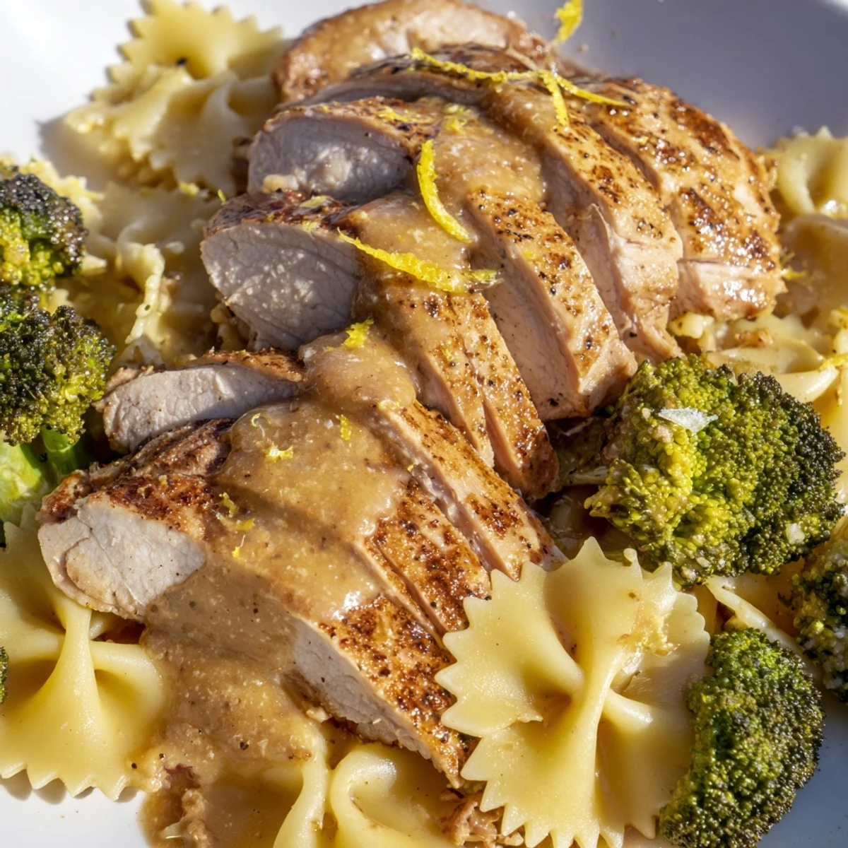 Juicy spice-rubbed chicken dripping with garlic herb butter alongside bright lemon farfalle pasta and crisp tender broccoli on a white plate