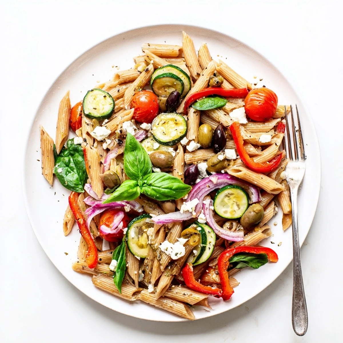Colorful Mediterranean one pot pasta with zucchini, bell peppers, tomatoes, and olives in a shallow white bowl