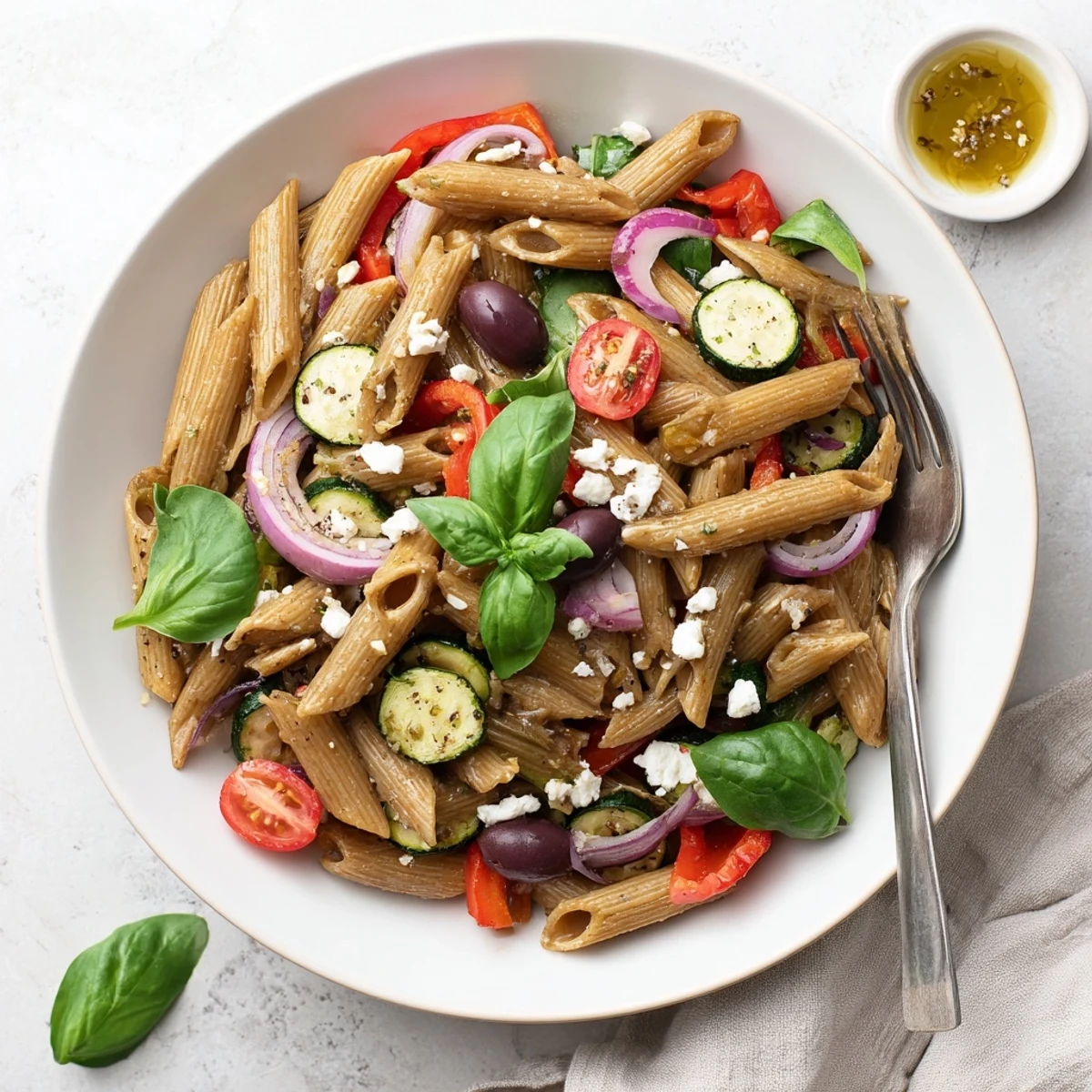 Close-up of Mediterranean one pot pasta garnished with fresh basil, spinach, and Kalamata olives on a rustic wooden table