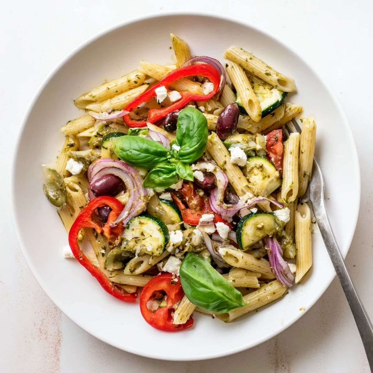 Steaming Mediterranean one pot pasta featuring al dente penne mixed with vibrant vegetables and melted feta cheese