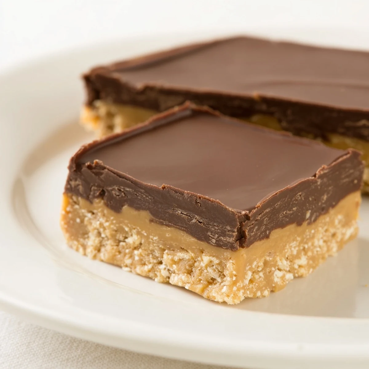 GoldenGolden chocolate layer tops creamy peanut butter bars cut into neat squares on a white plate