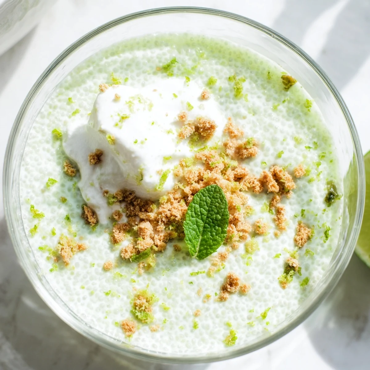 Vegan key lime chia pudding in glass bowls with crushed graham crackers and mint