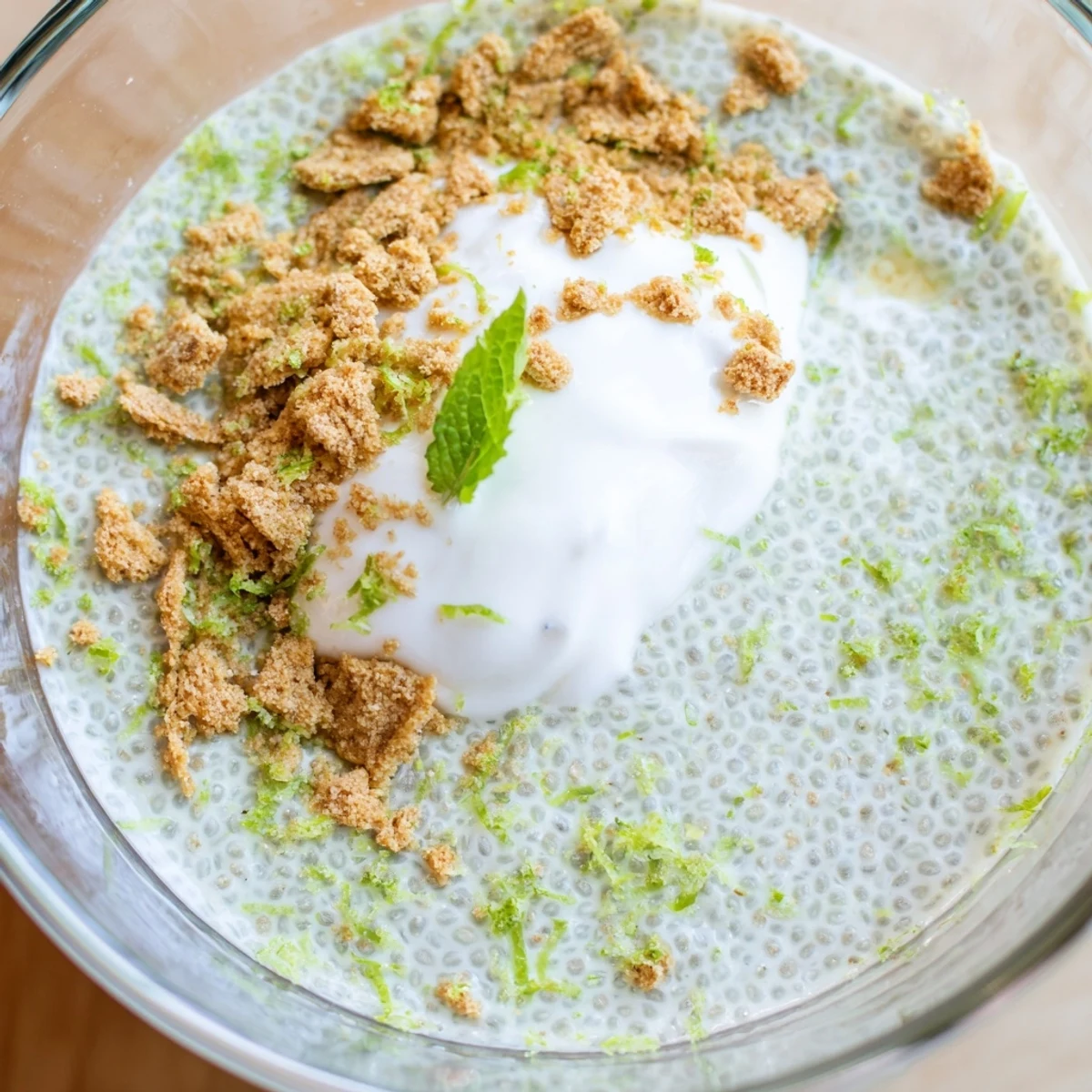Tangy key lime chia pudding layered with coconut yogurt and lime zest sprinkles