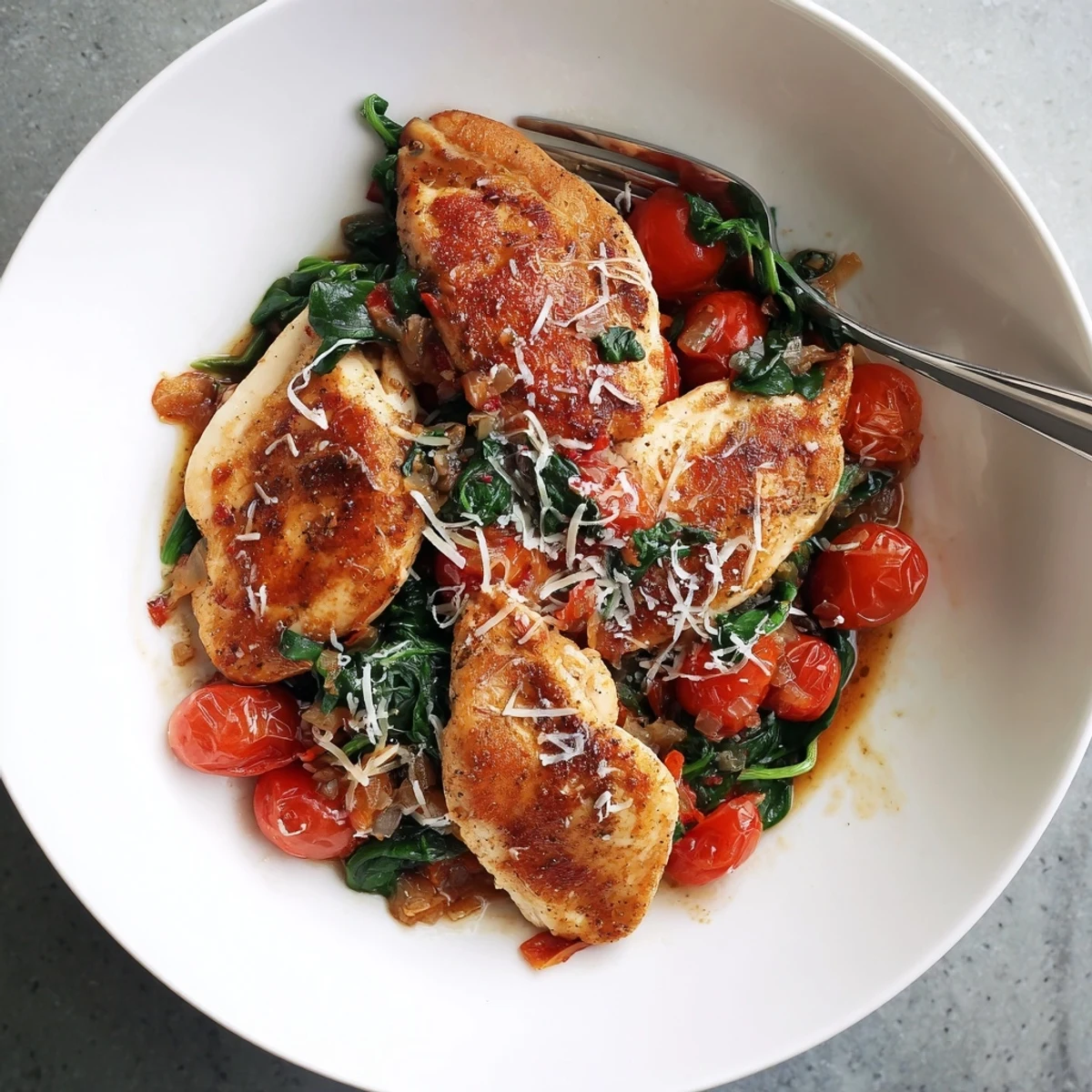 Golden seared chicken breasts nestled in a vibrant skillet of wilted spinach and juicy cherry tomatoes