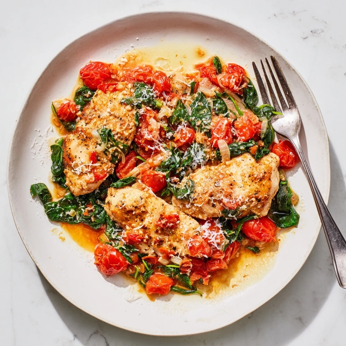 Savory chicken simmered with fresh spinach and halved cherry tomatoes in a rich, aromatic garlic sauce