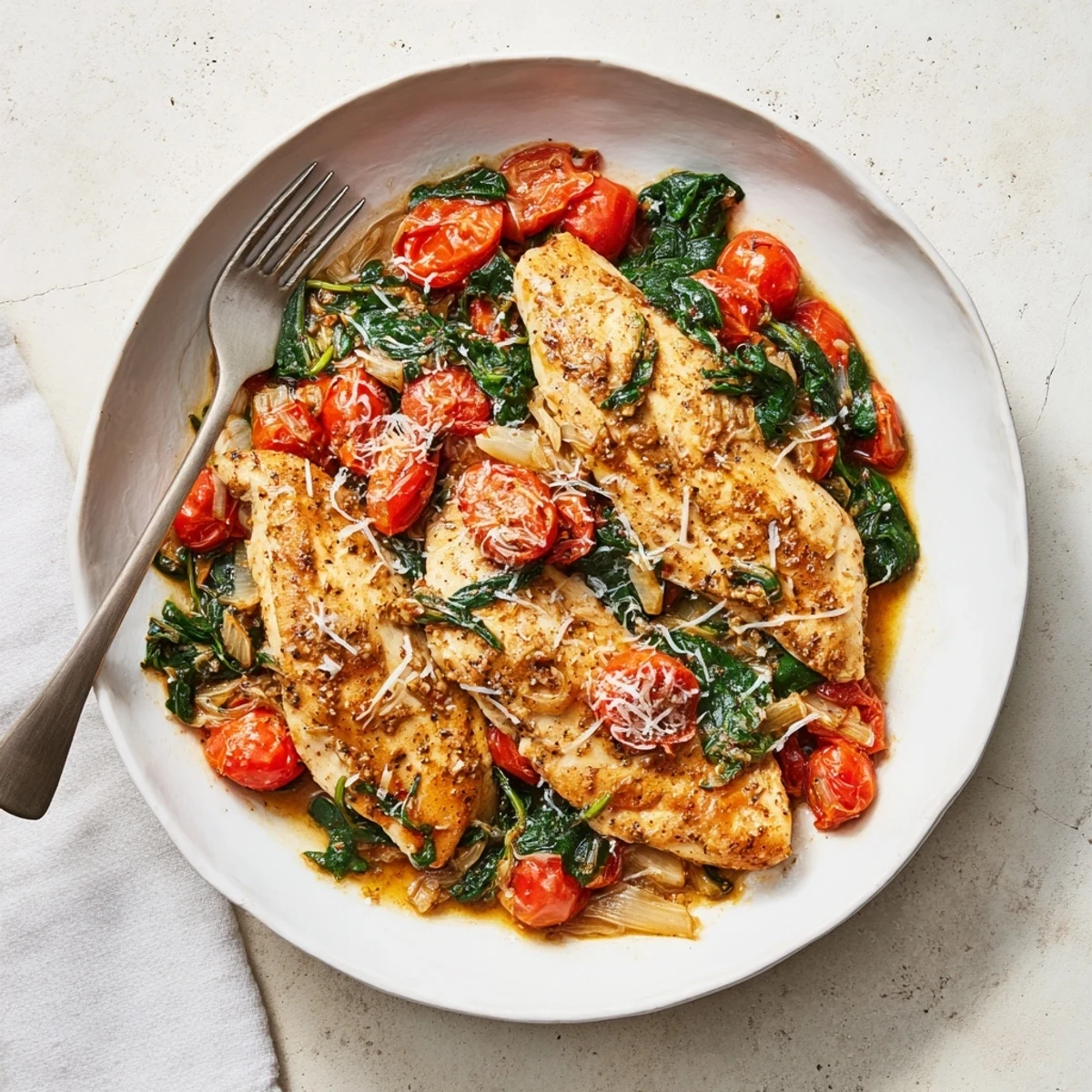 Tender tomato spinach chicken served steaming hot with parmesan cheese sprinkled over the colorful vegetable medley