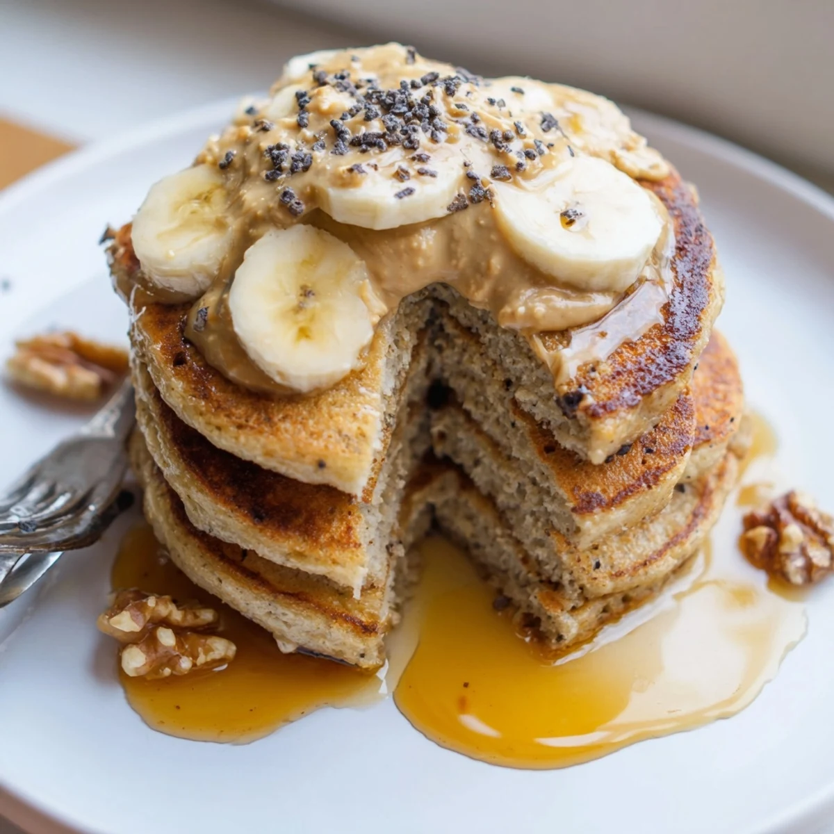 Fluffy Protein Banana Pancakes on skillet, soft centers and cinnamon aroma