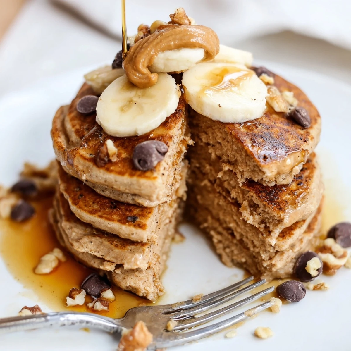 Protein Banana Pancakes with sliced bananas, chocolate chips, and creamy nut butter
