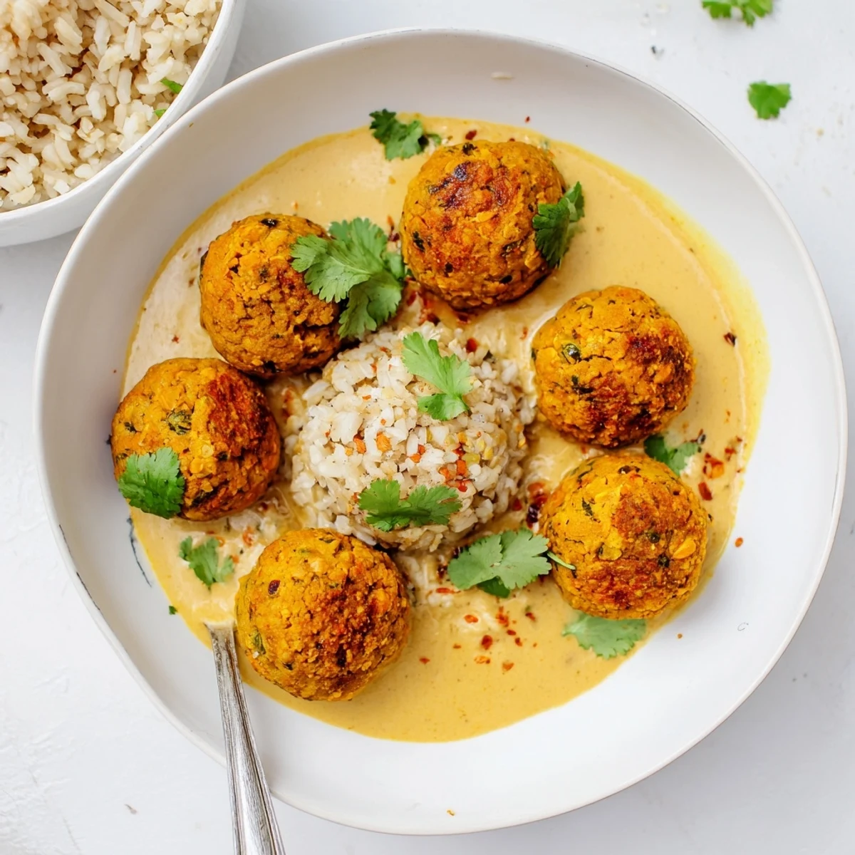Carrot And Chickpea Balls In Coconut Curry Sauce, steaming over fluffy basmati rice