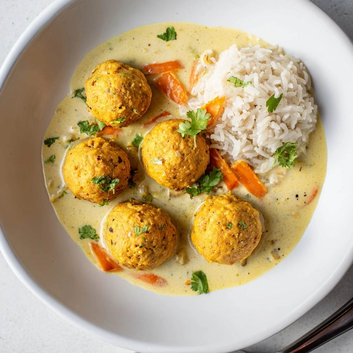 Warm Carrot And Chickpea Balls In Coconut Curry Sauce, fragrant with ginger