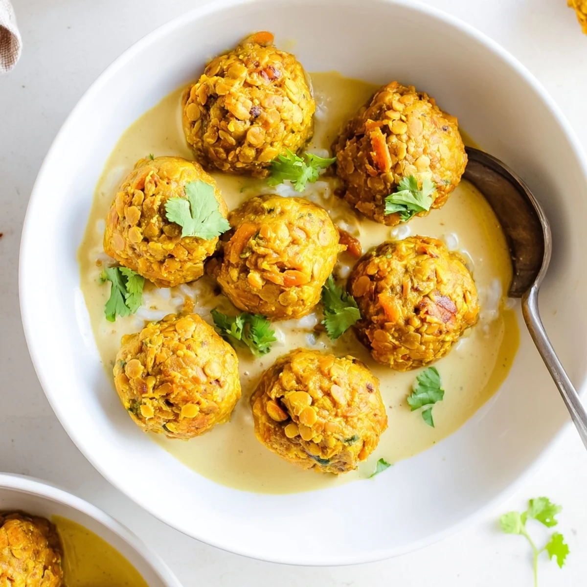 Golden-browned Carrot And Chickpea Balls In Coconut Curry Sauce, creamy, garnished with cilantro