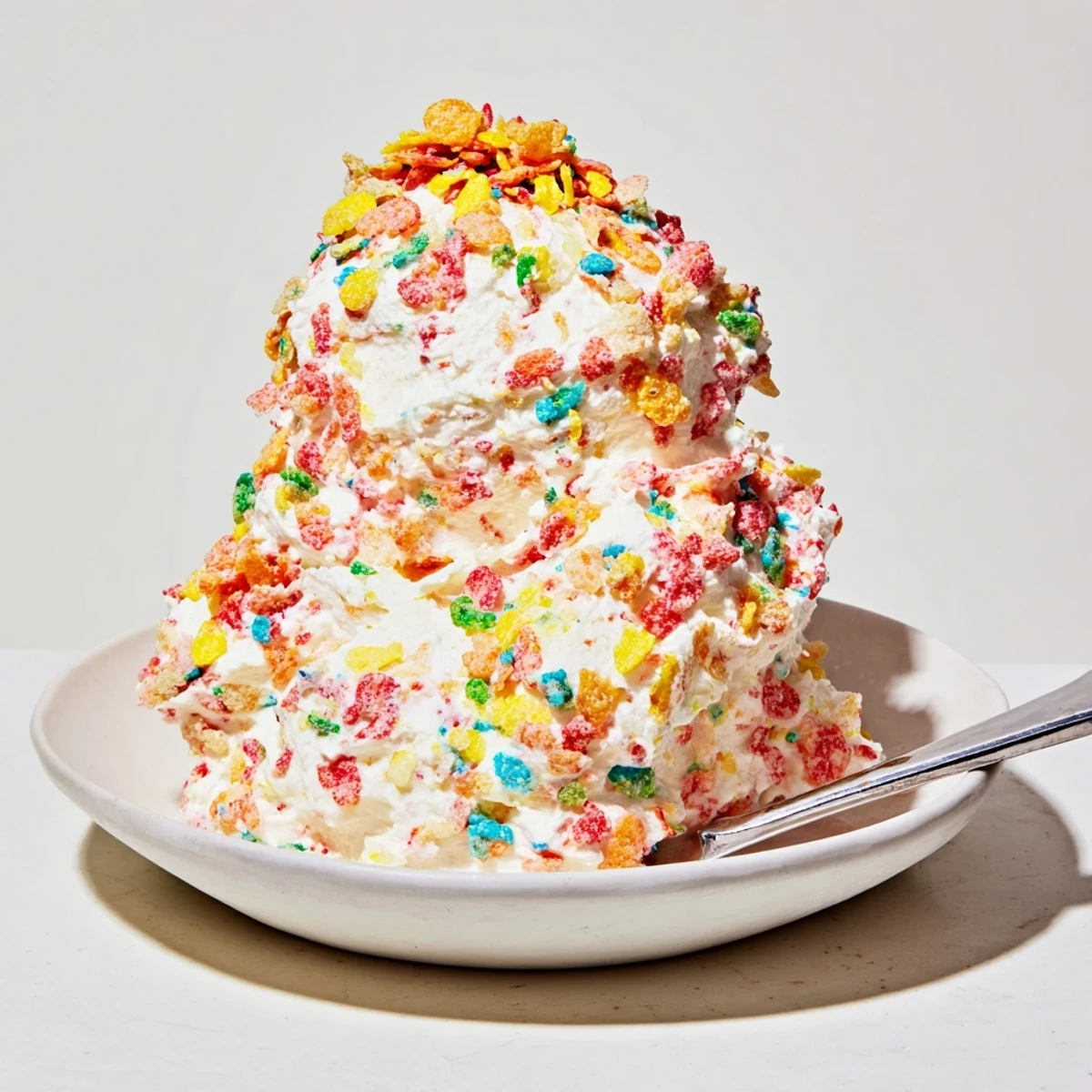 Fruity Pebbles Cereal Frosting piped onto cupcakes, bright colorful crunchy garnish
