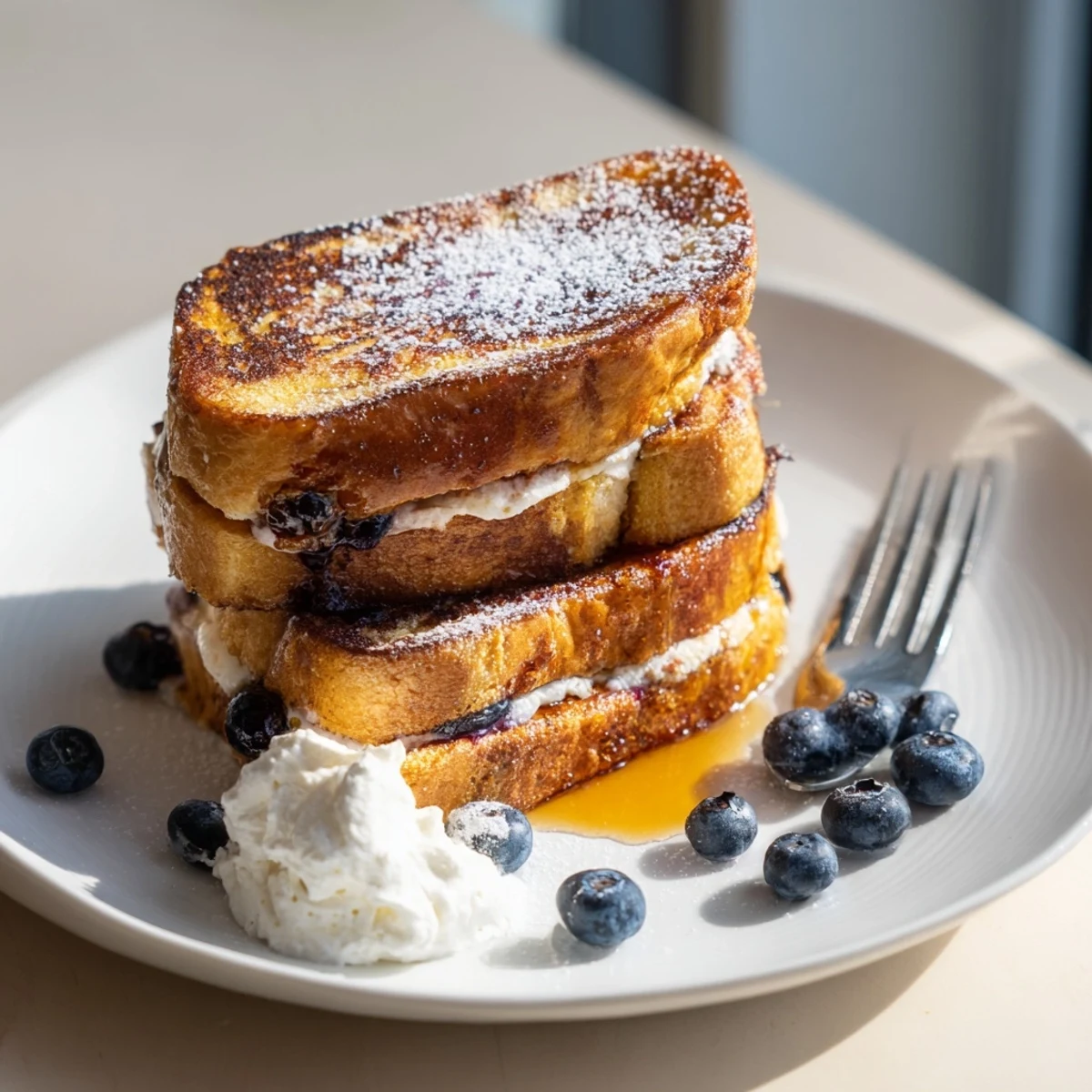 Golden brown blueberry cheesecake stuffed French toast drizzled with maple syrup on a white plate