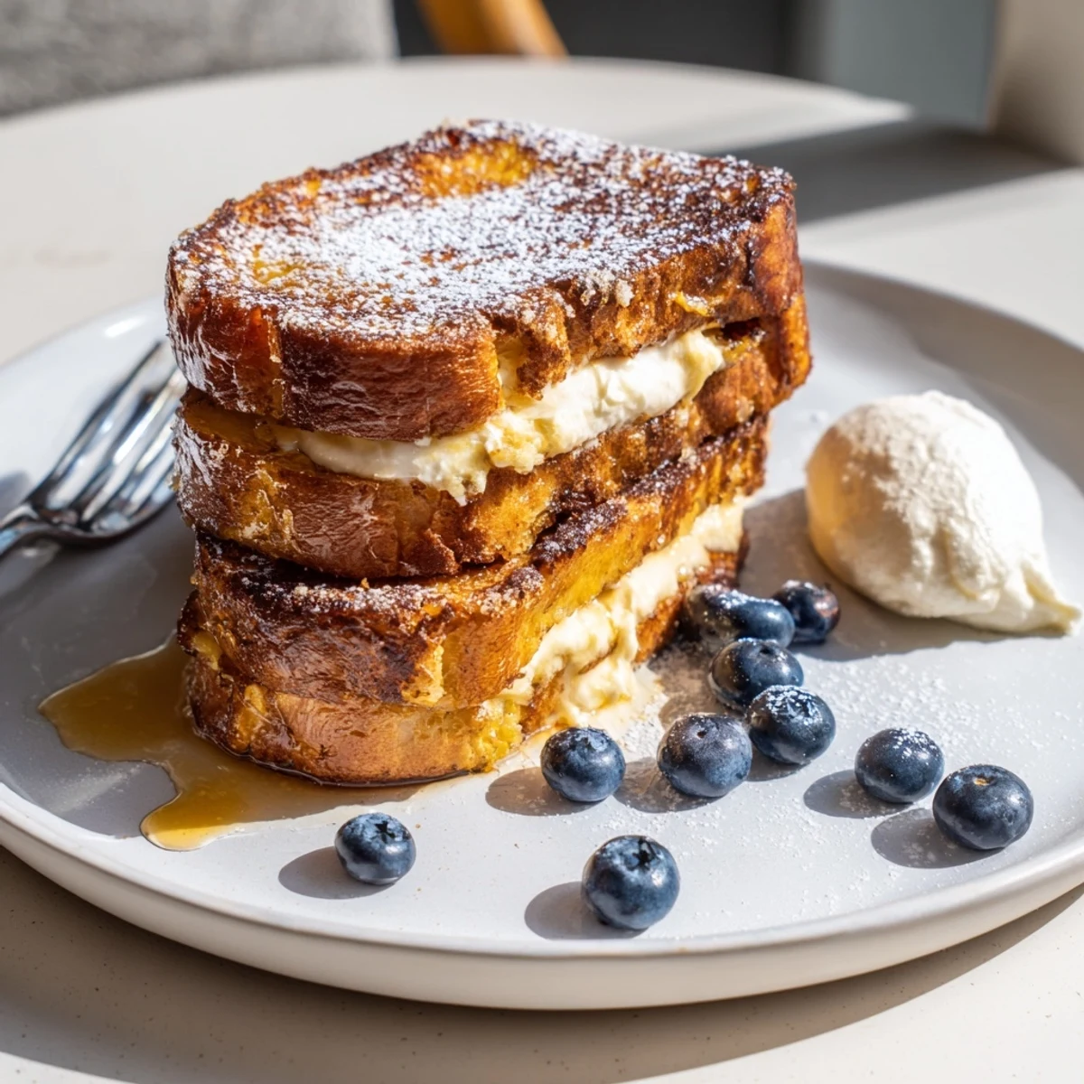 Blueberry cheesecake stuffed French toast topped with whipped cream and fresh juicy blueberries