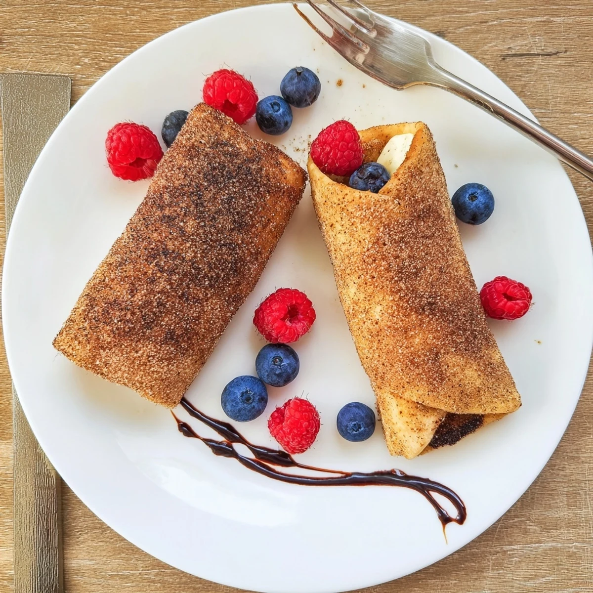Golden crispy cheesecake chimichangas coated in cinnamon sugar served warm on a plate
