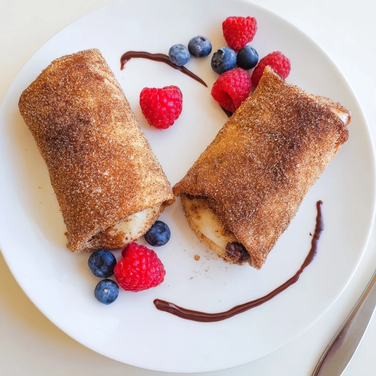 Crispy cinnamon sugar cheesecake chimichangas topped with fresh berries on a white platter