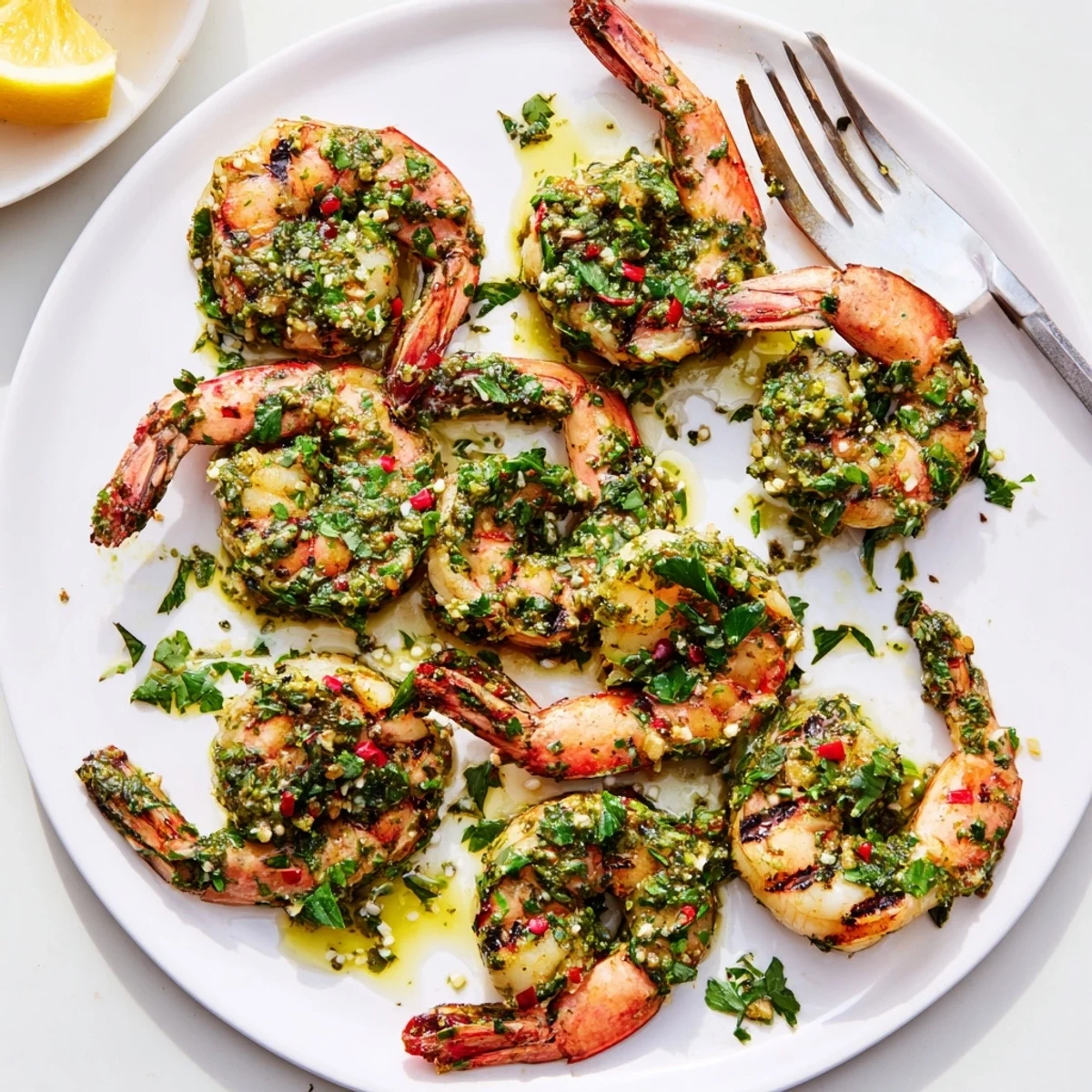 Golden chimichurri shrimp sizzling in a skillet with fresh herb sauce