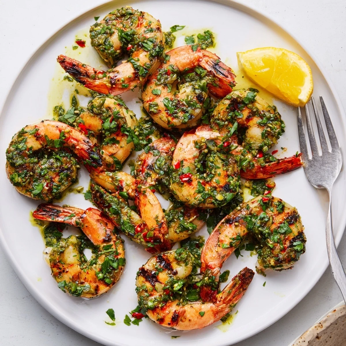 Chimichurri shrimp nestled on a white plate drizzled with zesty herb marinade