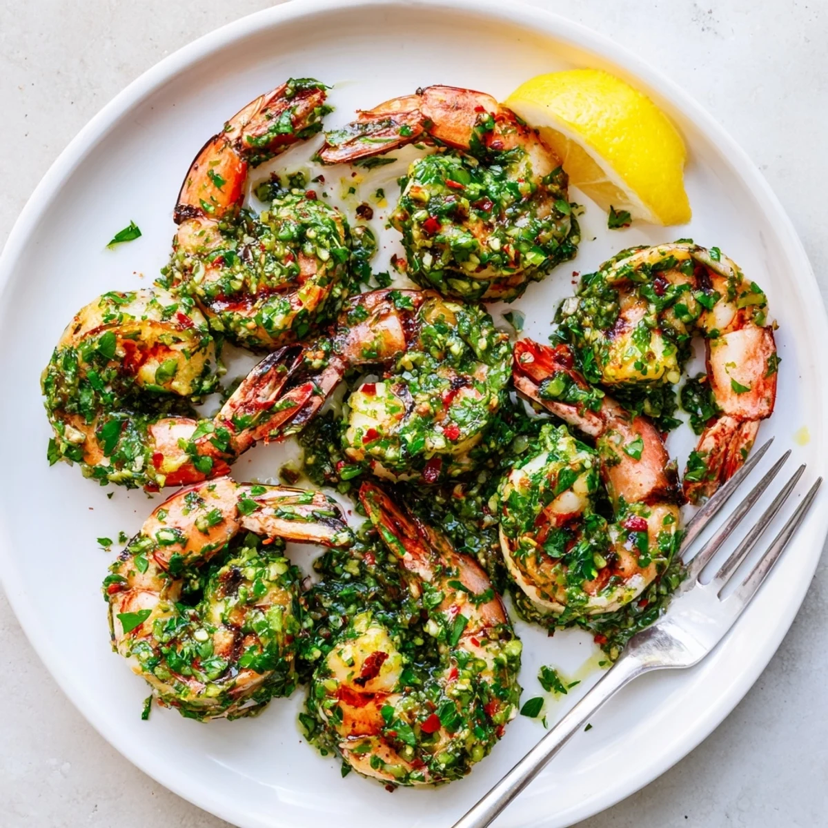 Plump grilled chimichurri shrimp topped with vibrant green parsley and lemon
