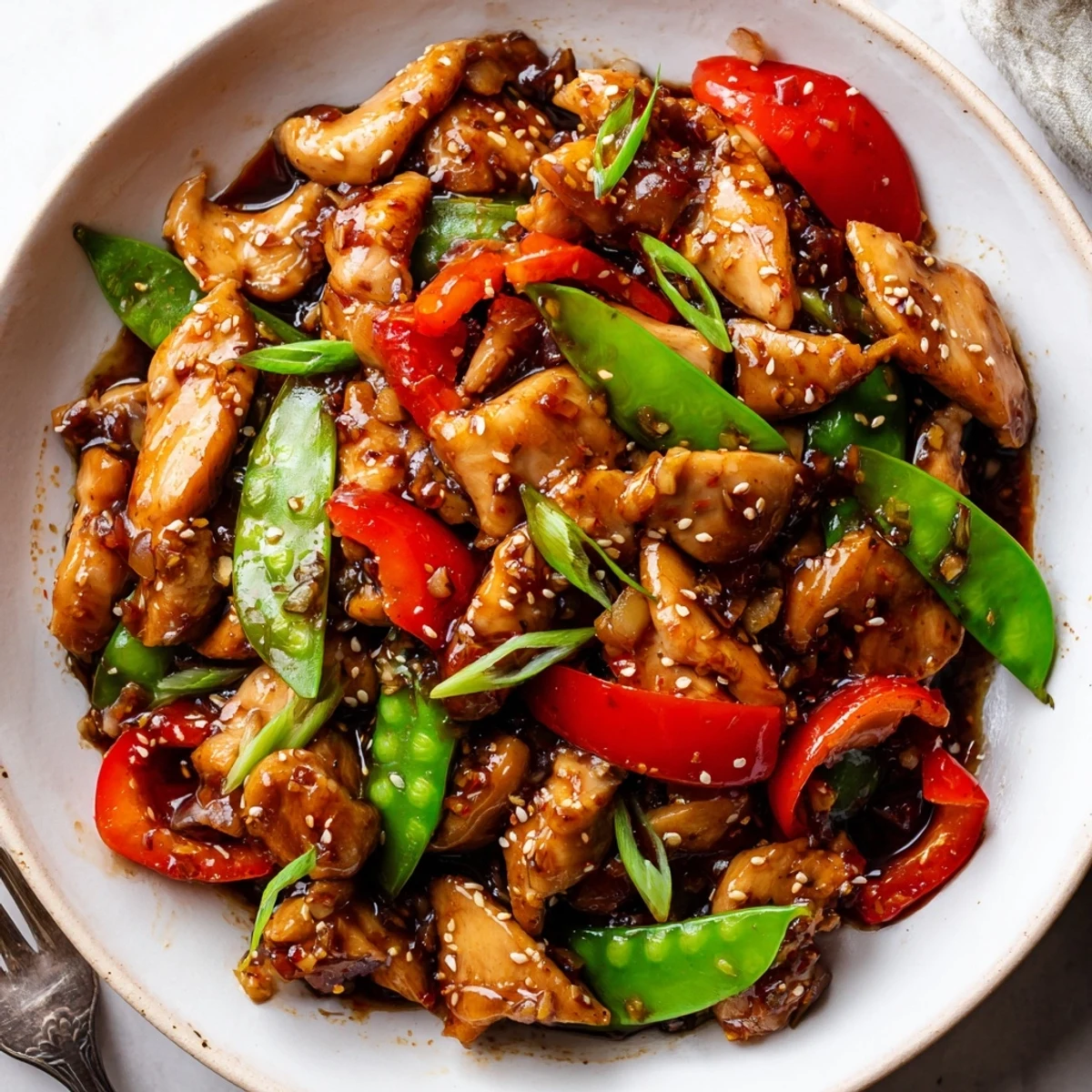 Golden stir fried Chinese garlic chicken with crisp bell peppers and snow peas on a white plate