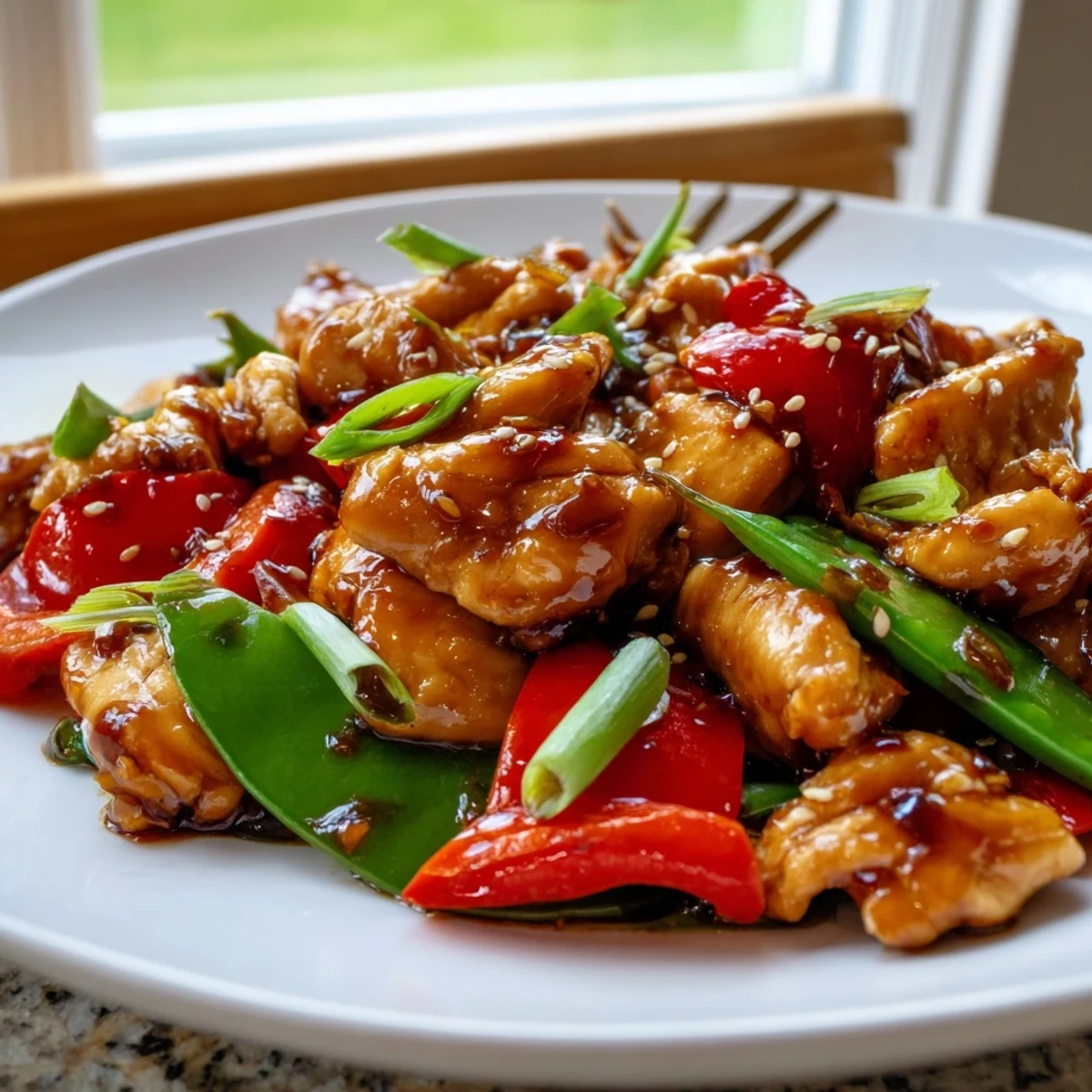 Tender chunks of stir fried Chinese garlic chicken tossed with vibrant red peppers in a glossy sauce