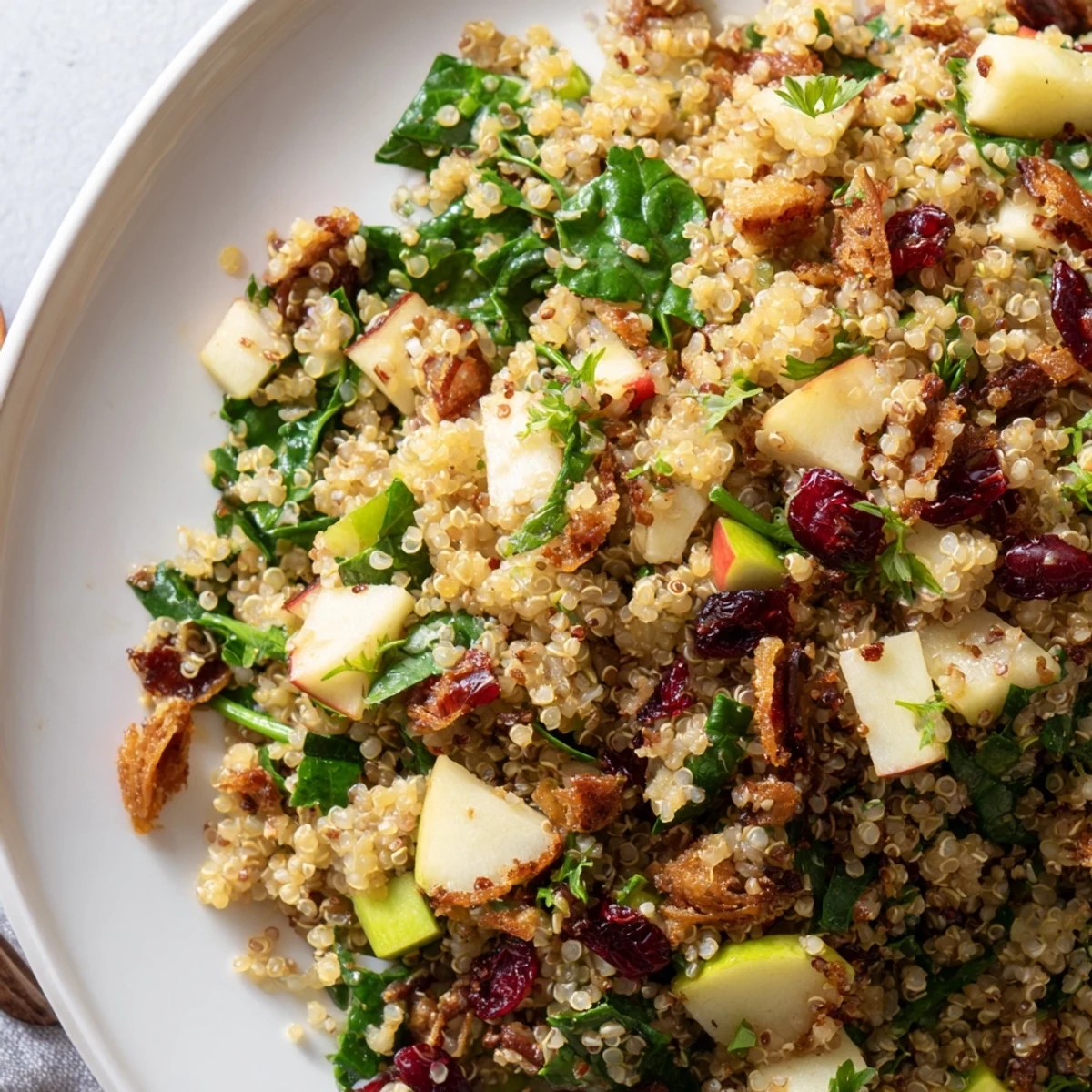 Honey Mustard Quinoa Apple Salad topped with golden crispy shallots on a rustic plate