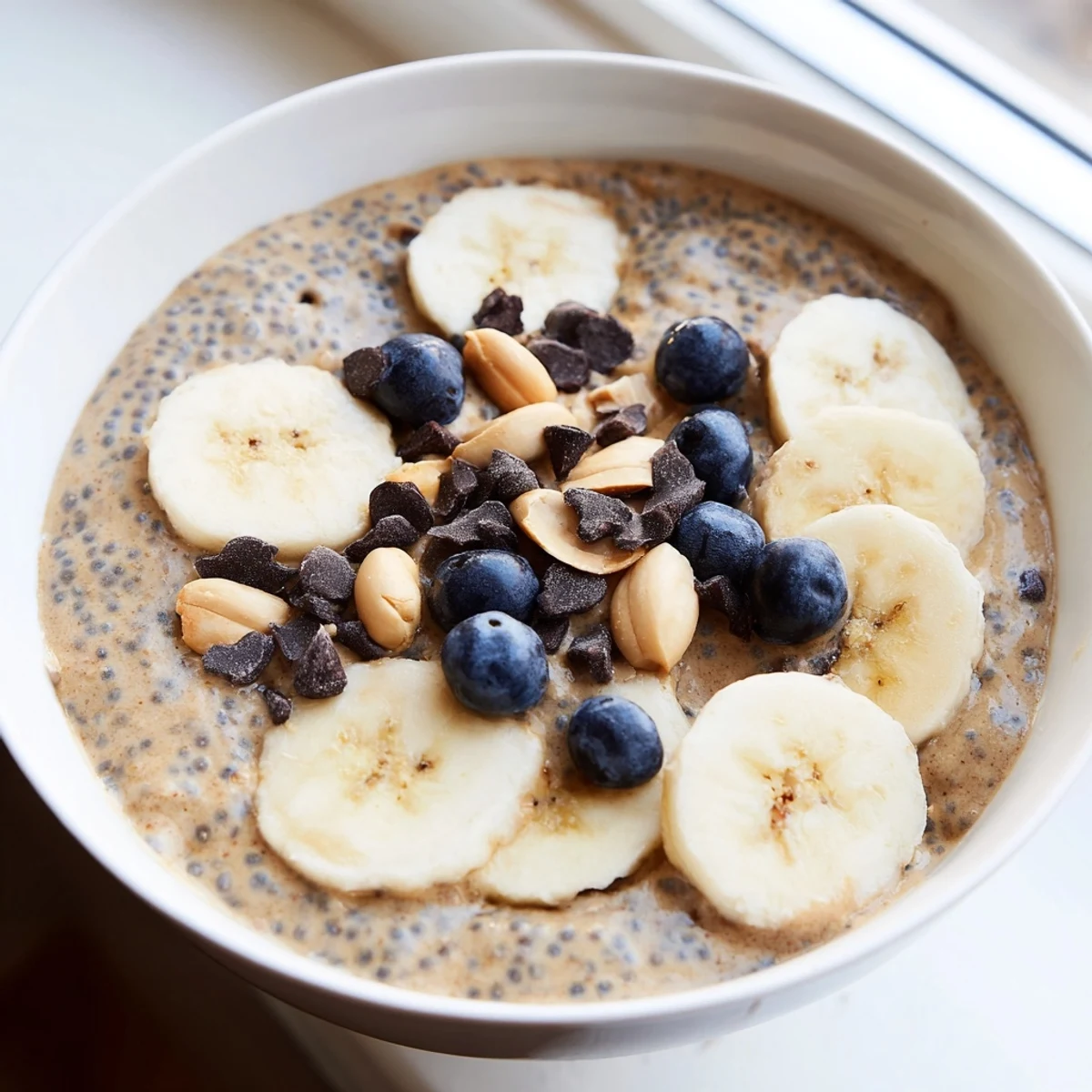 Creamy peanut butter chia pudding served in a glass jar with chocolate shavings