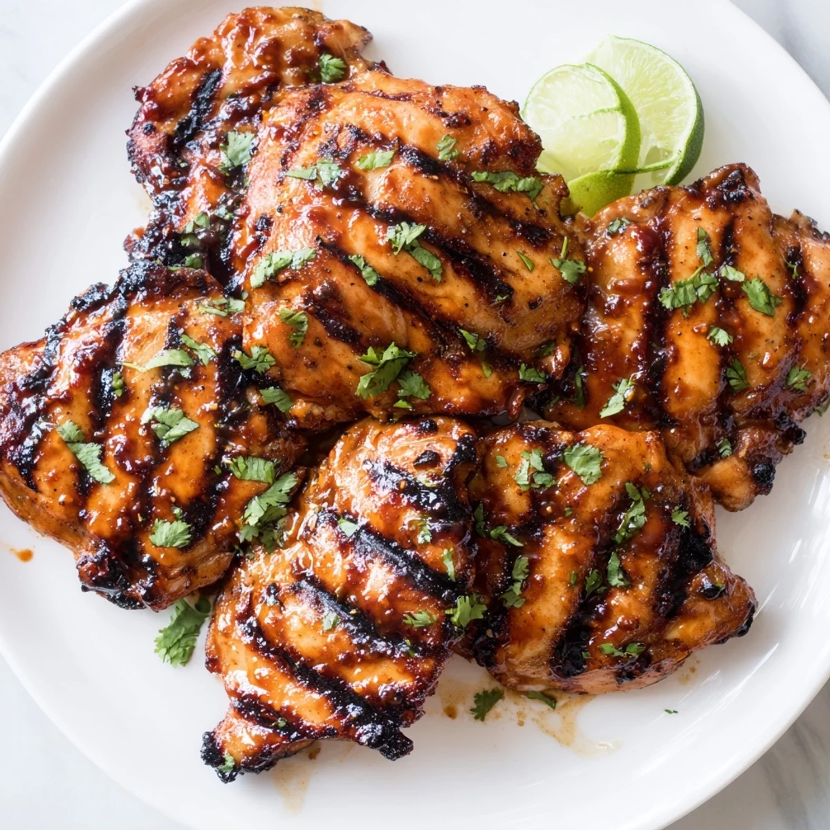 Charred Sweet N Spicy Grilled Chicken Thighs with golden honey glaze and fresh cilantro garnish