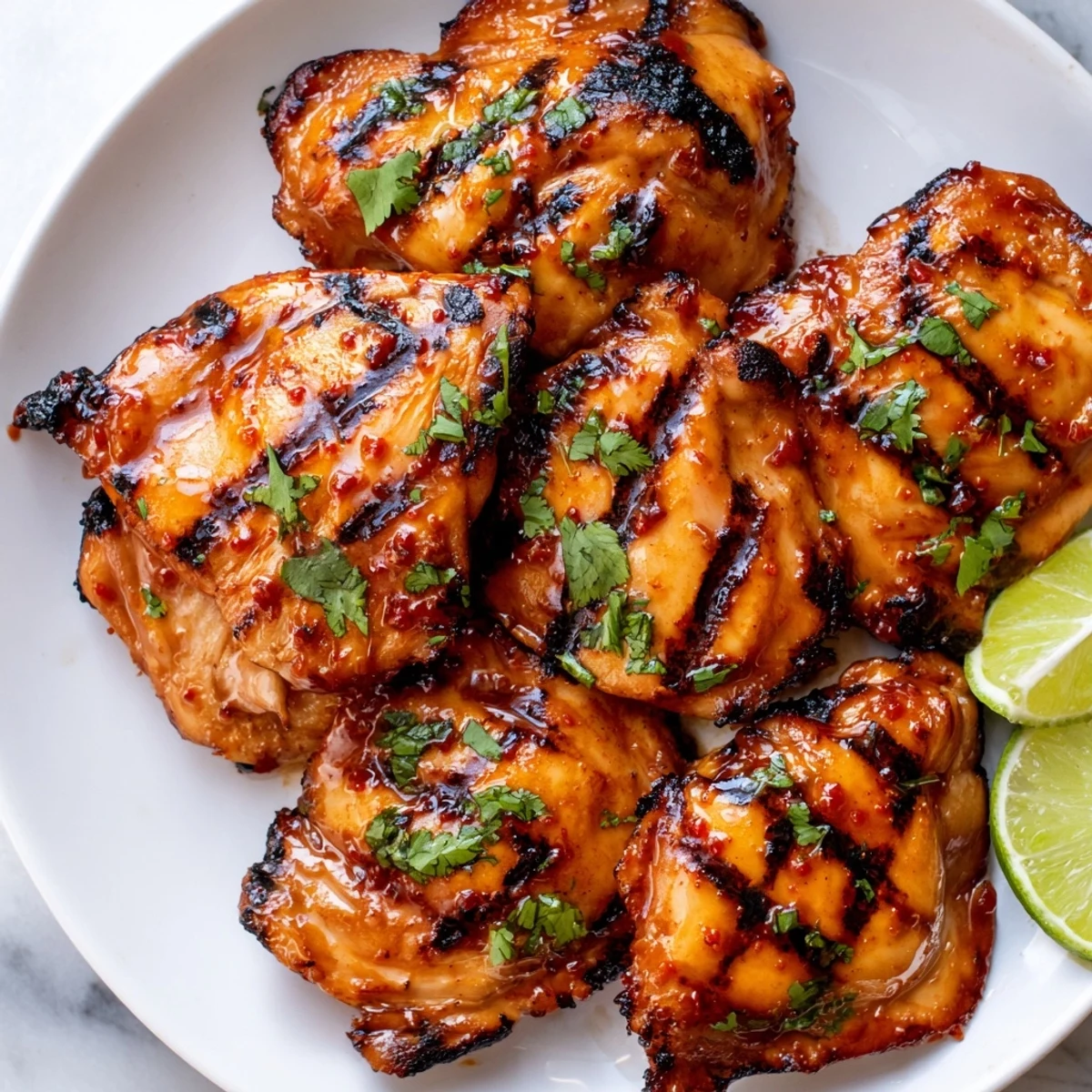 Juicy caramelized Sweet N Spicy Grilled Chicken Thighs sizzling off the grill with smoky char marks
