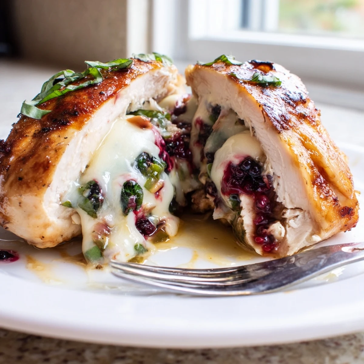 Golden baked blackberry jalapeno stuffed chicken oozing with melted goat cheese and fresh basil