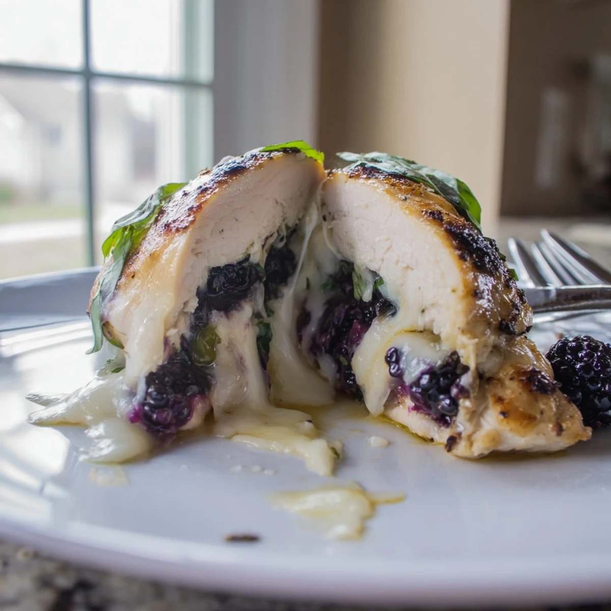 Juicy blackberry jalapeno stuffed chicken seared crispy and bubbling with mozzarella on a warm baking dish