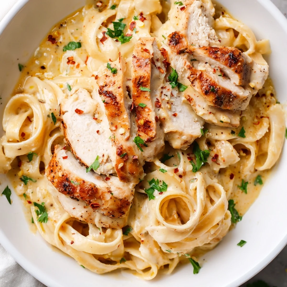 Golden chicken strips tangled in Creamy Garlic Parmesan Chicken Pasta with glossy sauce