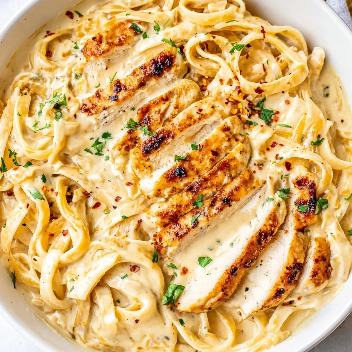 Creamy Garlic Parmesan Chicken Pasta topped with grated cheese on a rustic wooden table