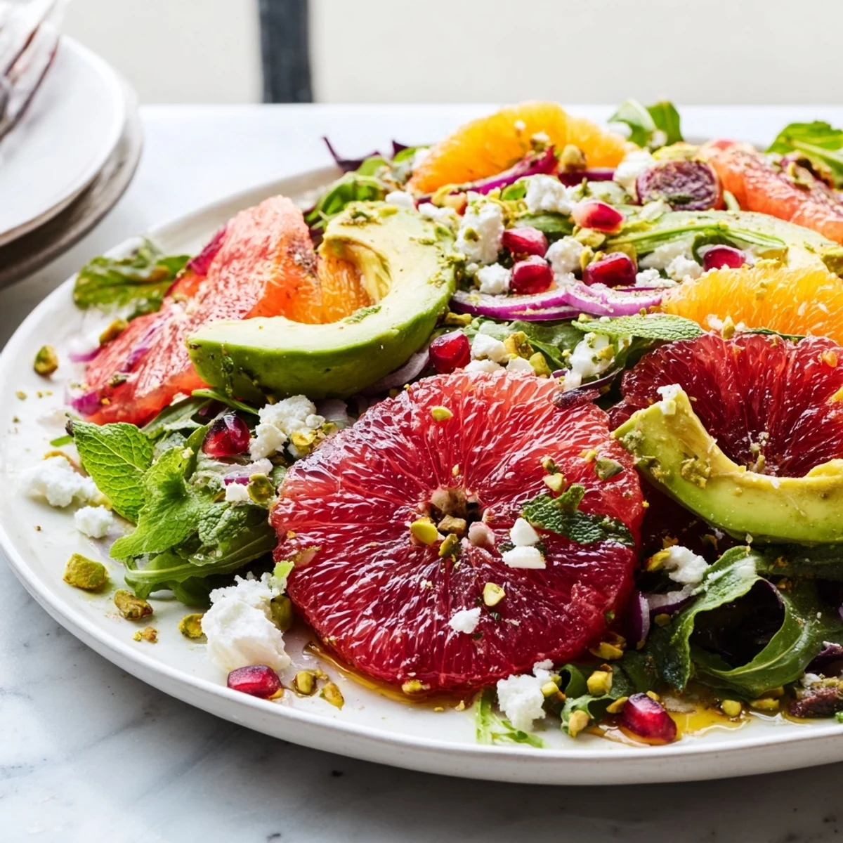 Citrus Salad with pomegranate jewels, avocado, and feta on a rustic serving platter