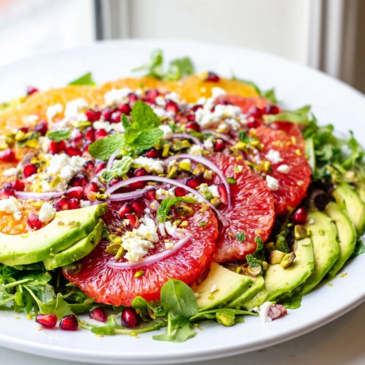 Bright citrus Salad with pomegranate seeds, creamy avocado slices, and crumbled feta cheese
