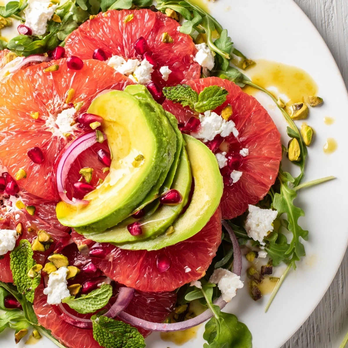 Colorful Mediterranean Citrus Salad topped with ruby pomegranate, ripe avocado, and tangy feta