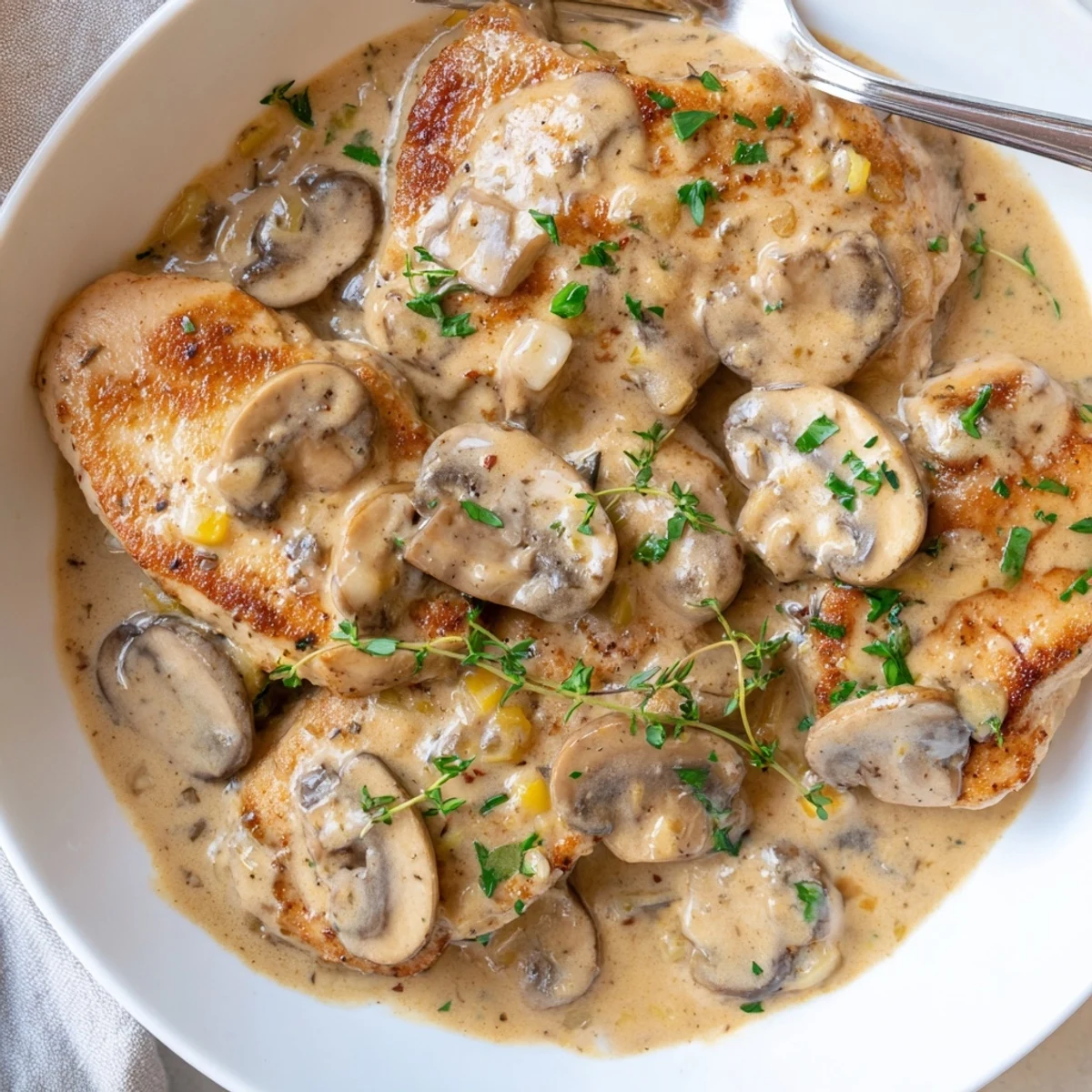 Juicy seared chicken breasts topped with a rich mushroom cream sauce beside crispy thyme potatoes