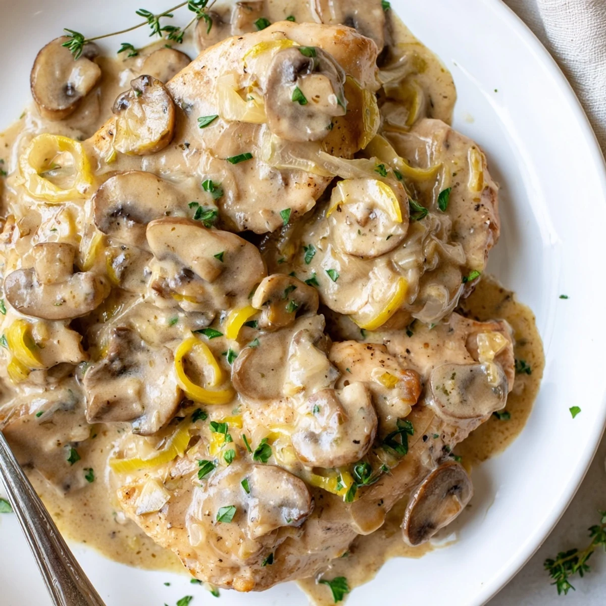 Creamy mushroom chicken smothered in velvety sauce with golden herb-roasted potato wedges on a rustic plate