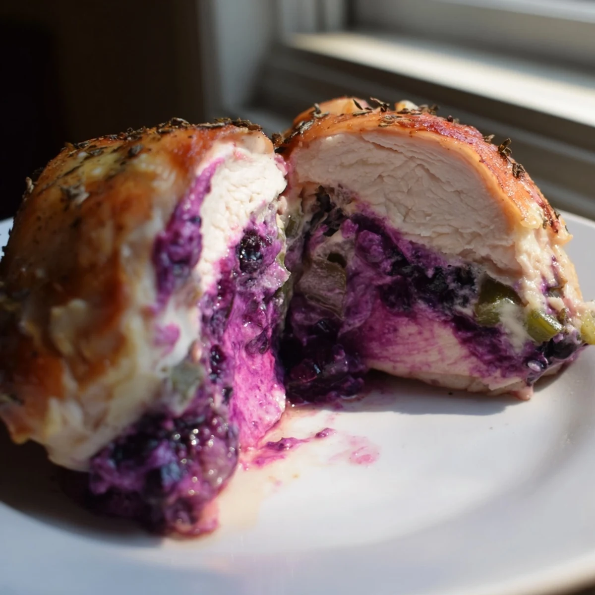 Juicy blackberry jalapeno stuffed chicken bubbling with creamy purple berry filling fresh from oven