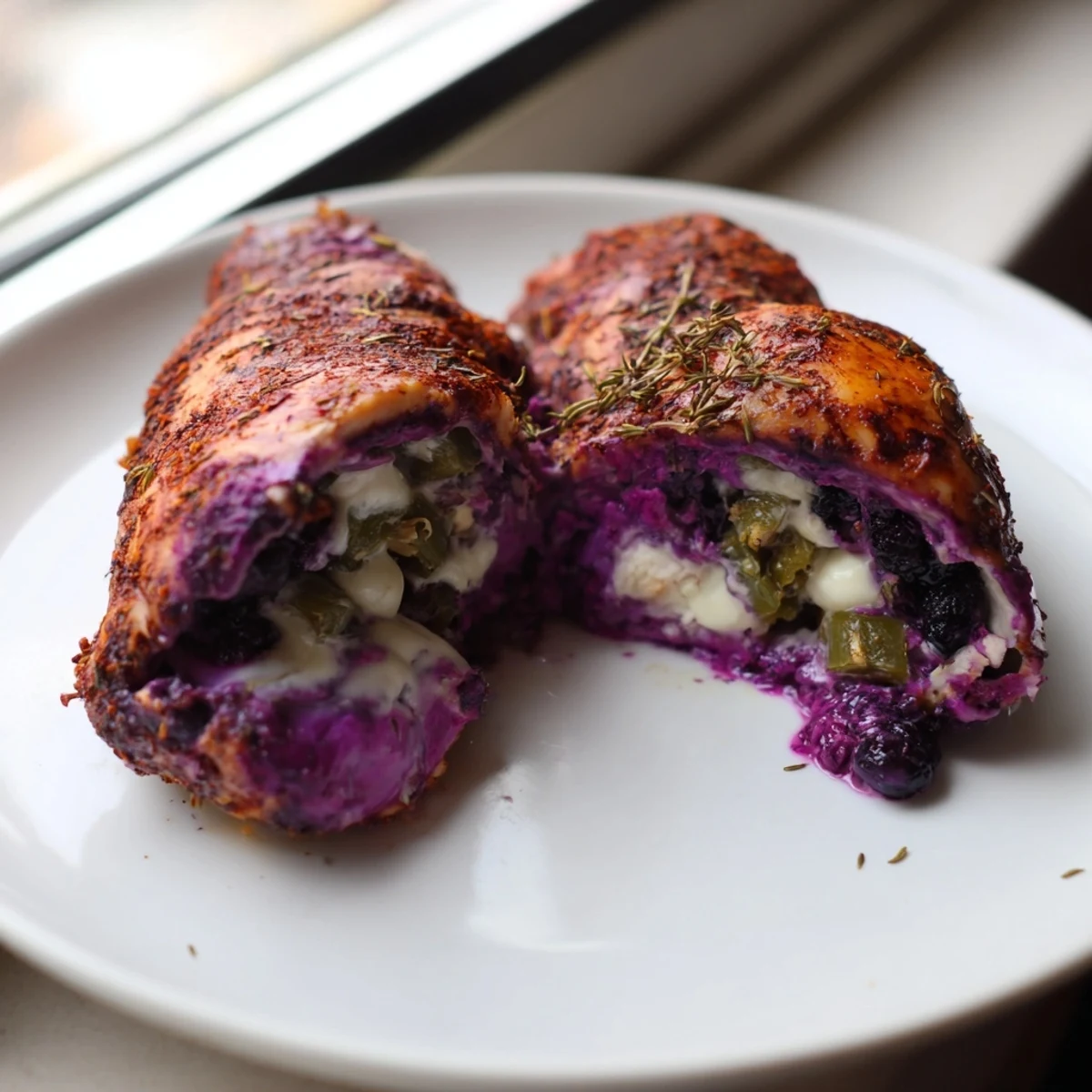 Golden baked blackberry jalapeno stuffed chicken oozing melted cream cheese on rustic dinner plate
