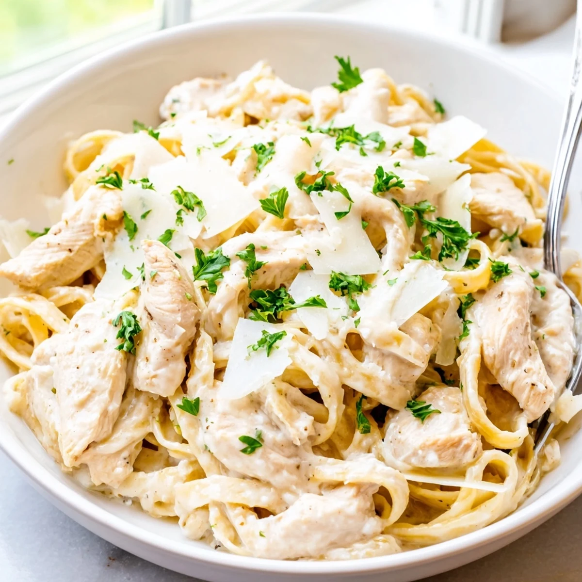 Steaming bowl of creamy garlic Parmesan chicken pasta garnished with chopped fresh parsley